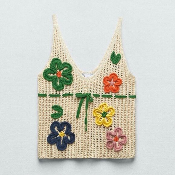 Zara Multicolor Floral Crochet Tank Top size Medium Cream - Picture 1 of 11